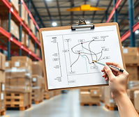 create a realistic flow diagram mapping out walking routes in a warehouse with a clipboard