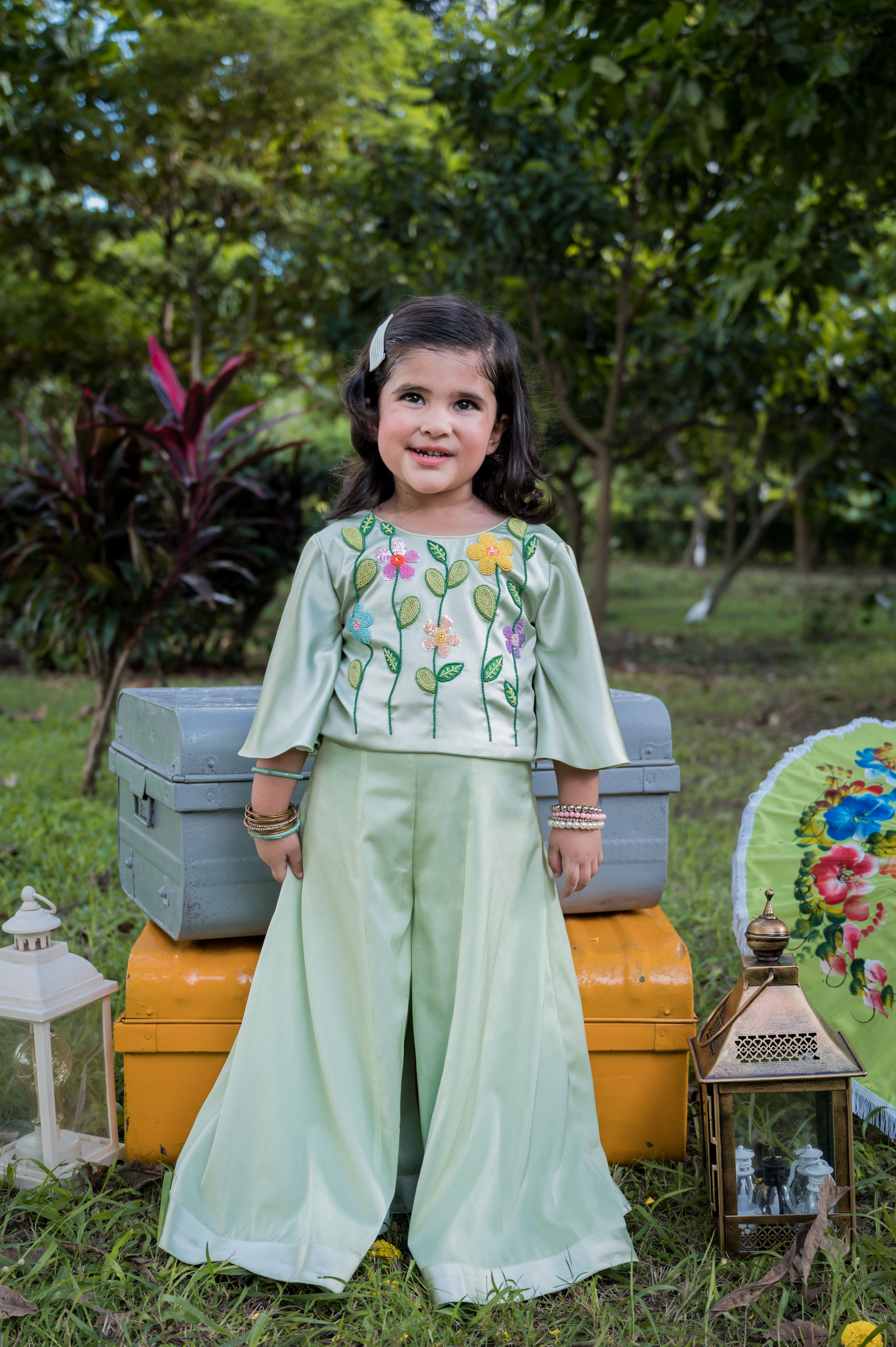 Floral embroidered Mint Top with Sharara Pants