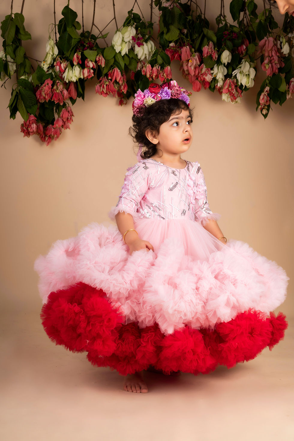 Pink Wine 3D Flower Ruffled Gown