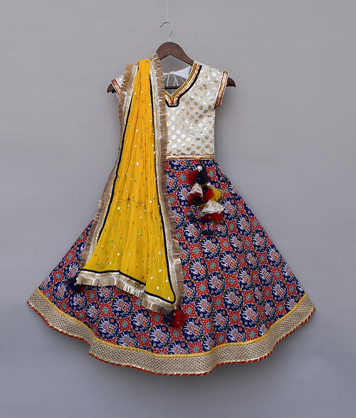 White Embroidery Choli with Blue Printed Lehenga