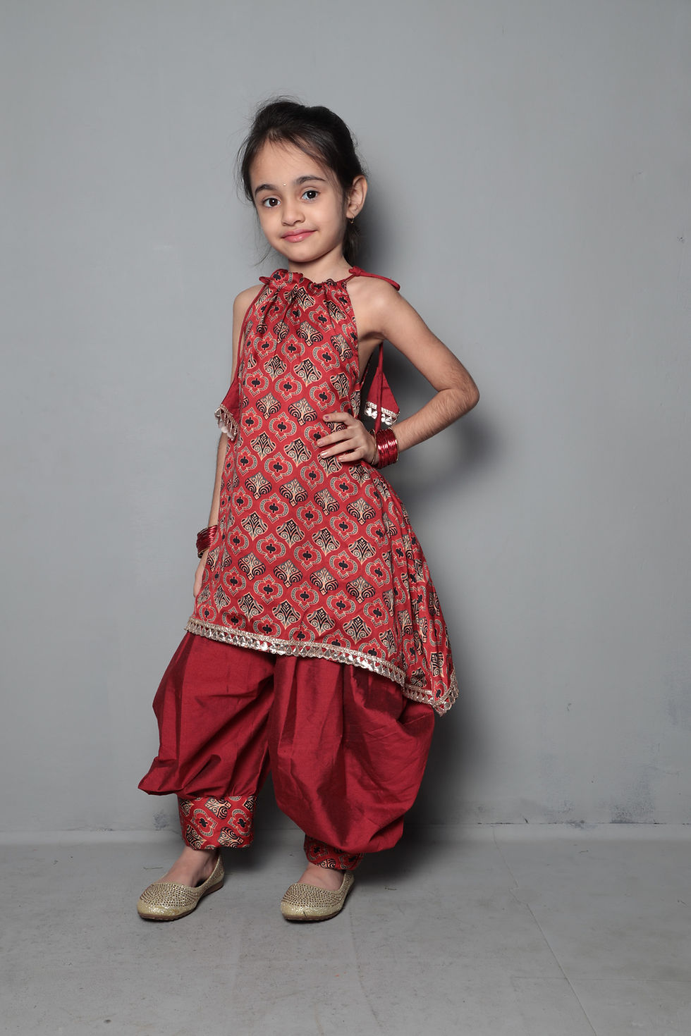 Printed Kurti With Adjustable Neck And Afghani Dhoti With Mask