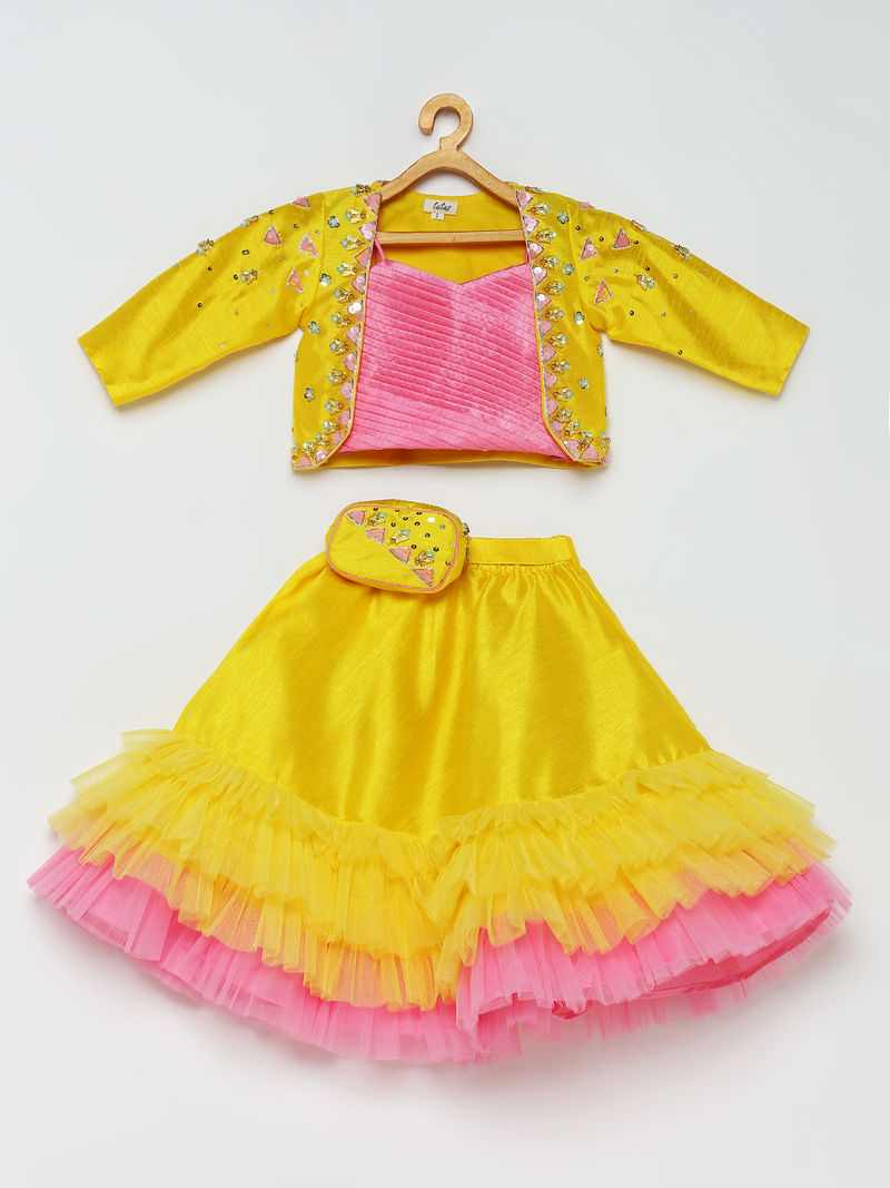Frilly Lehenga Set with Jacket and Belt Bag