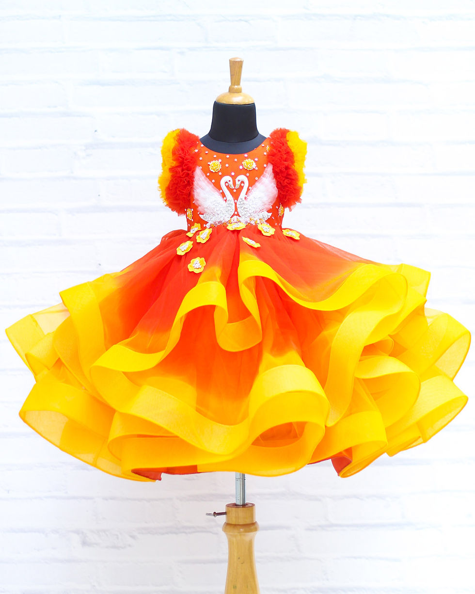 Swan Theme Deep Orange & Yellow Color Gradient Swirled Gown