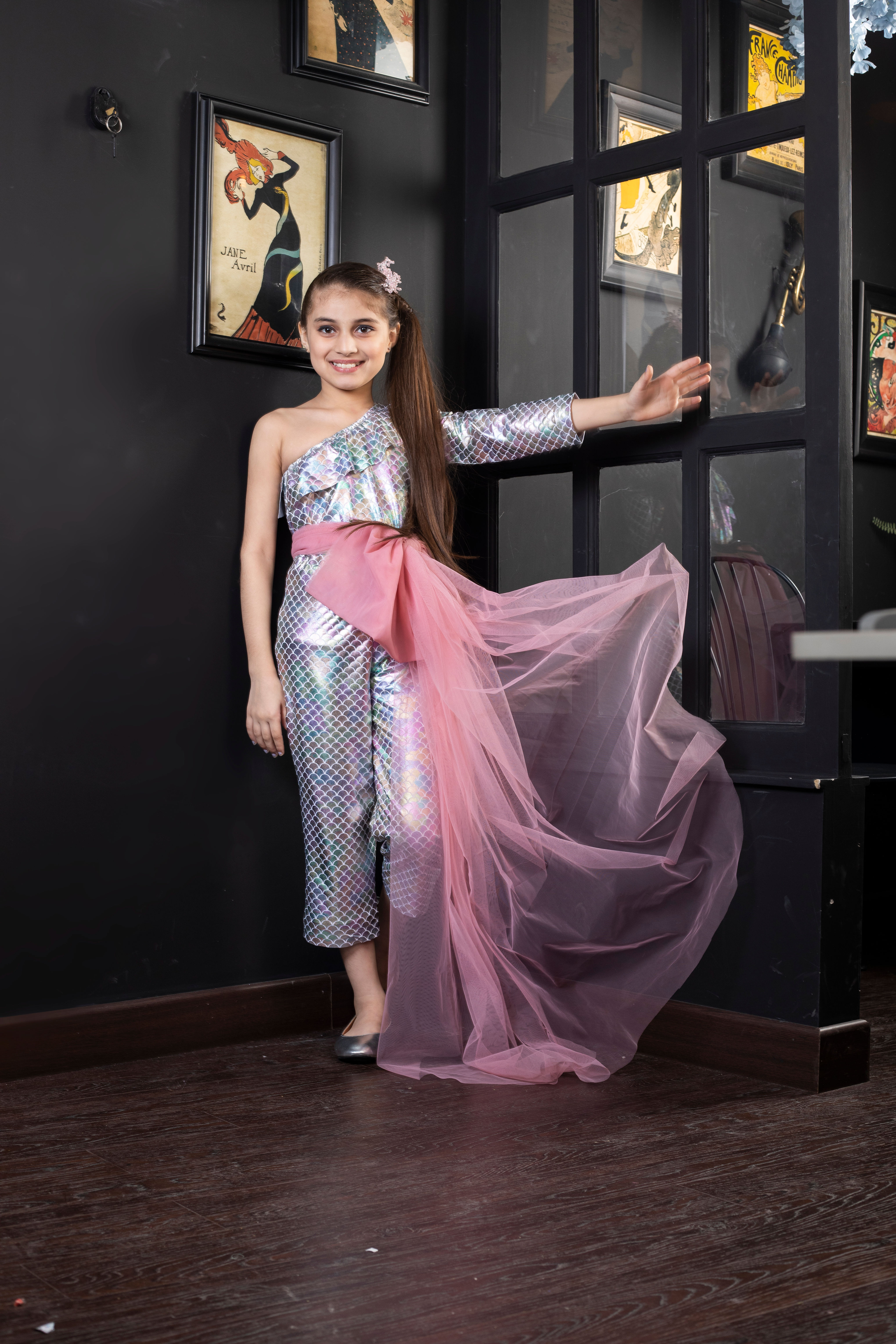 Shiny Scaled Jumpsuit with Large Net Bow