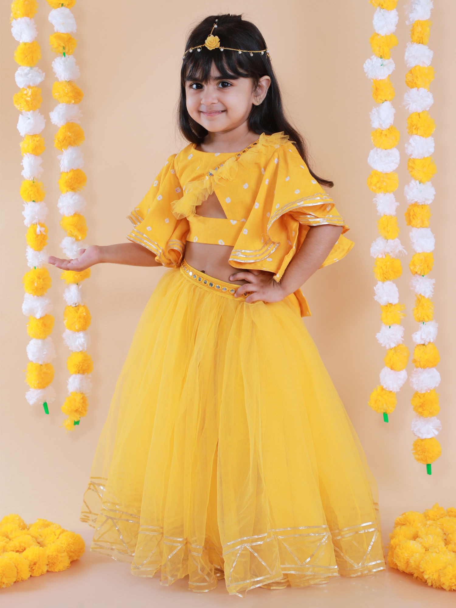 Yellow Bandhej Print Top With Mirror And Gota Embroidered Ghaghra