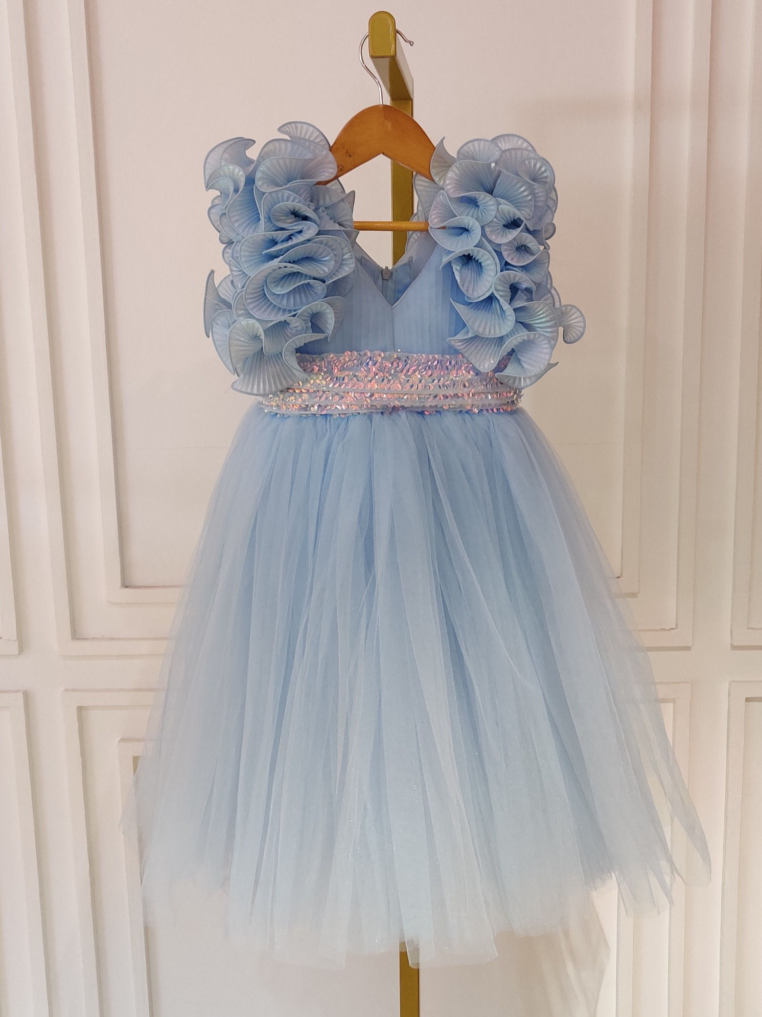 V Neck Ruffle Enhanced Blue Fancy Gown