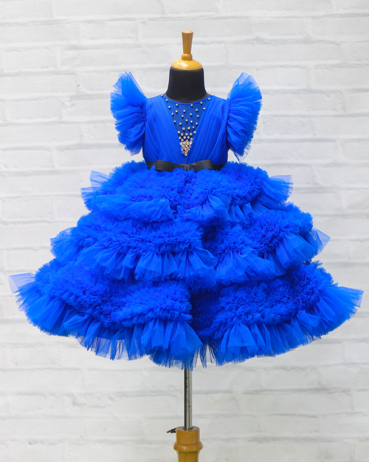 Royal Blue Feather Frilled Gown With Stone Embellishment