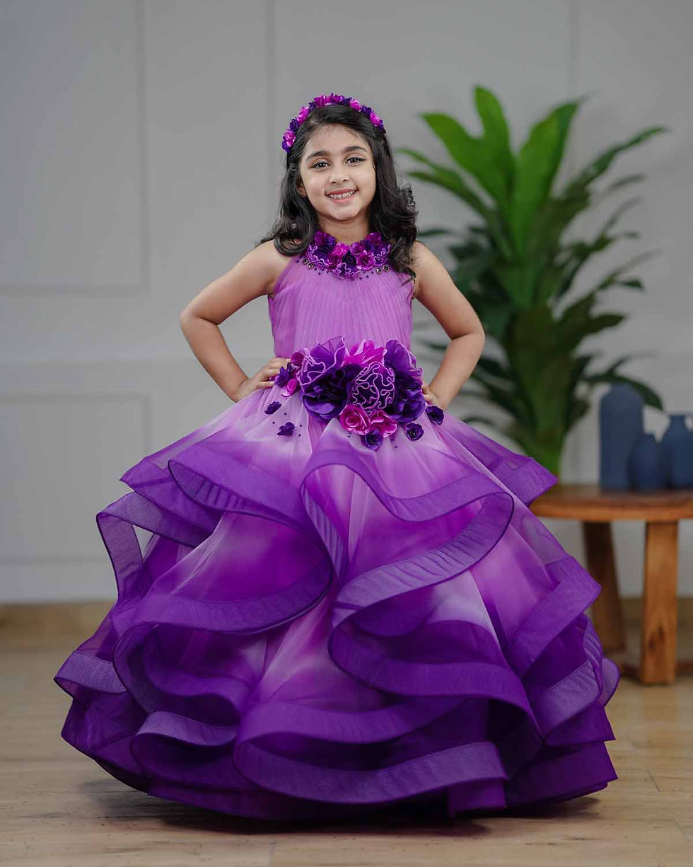 Lavender and purple ombre shaded couture gown with handcrafted flowers