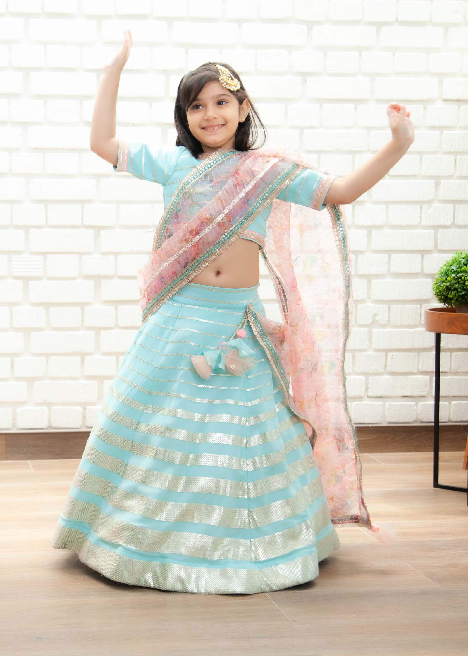 Blue Sequins Strips Lehenga Choli Set