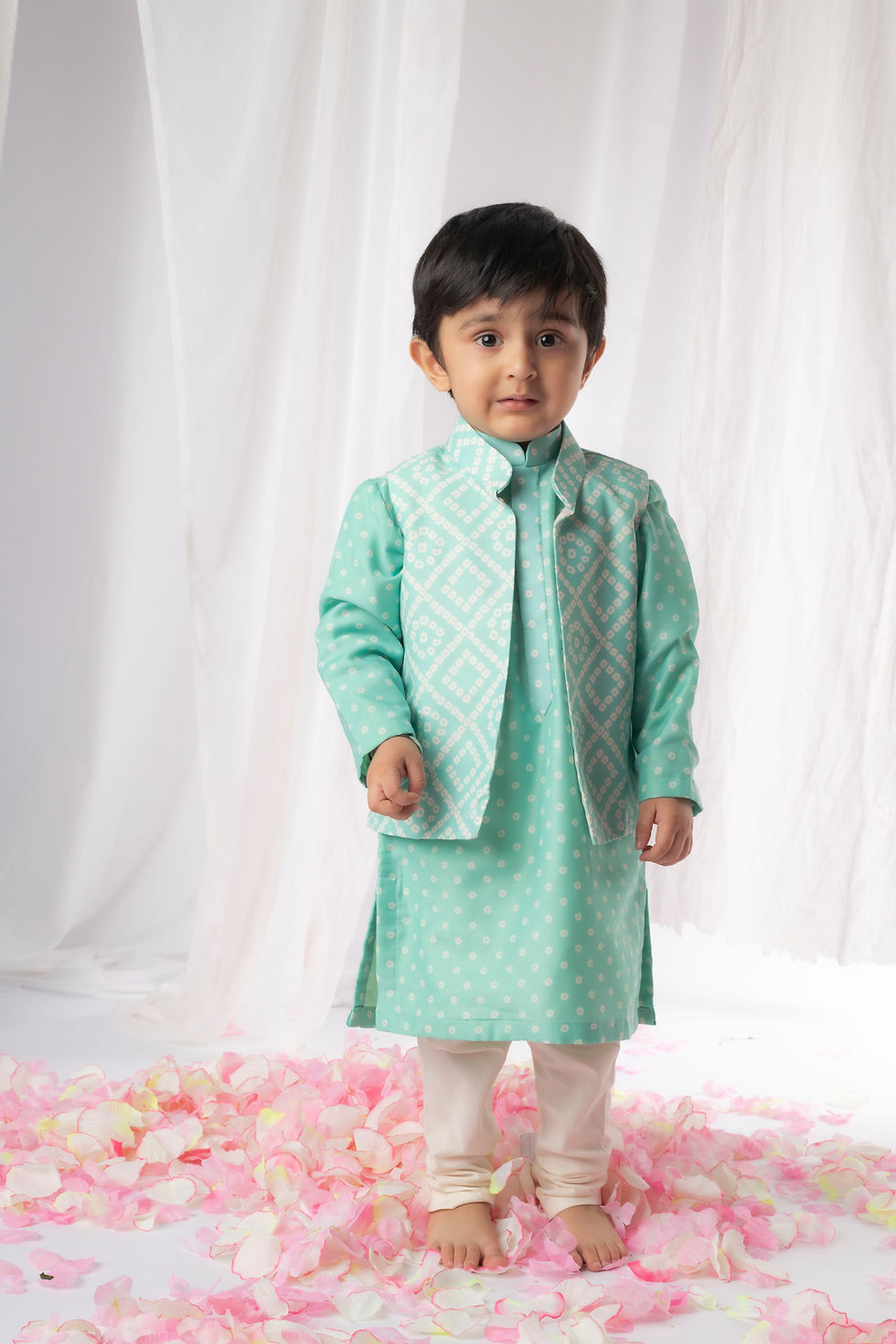 Green Bandhej Kurta Nehru Jacket Set