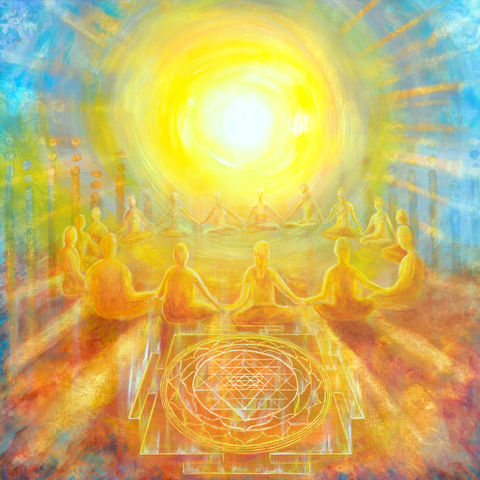 Buy original art. Free shipping. Mandala. Meditation. Sacred Geometry. Sri Yantra. Sun. Golden. Spiritual art. People meditating. Art for yoga. Awakening art.