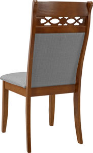Silla de madera marrón con respaldo gris, diseño elegante para comedor. solferinoweb