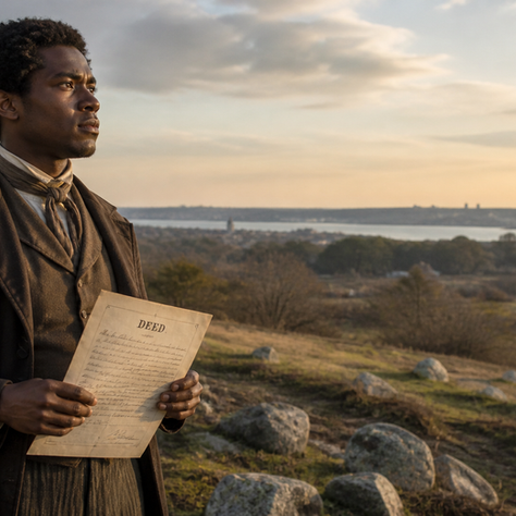A young Black man in 19th-century clothing stands on rocky, rural upper Manhattan land at sunset, holding a deed and looking toward the horizon, symbolizing Andrew Williams’ 1825 land purchase that helped establish Seneca Village