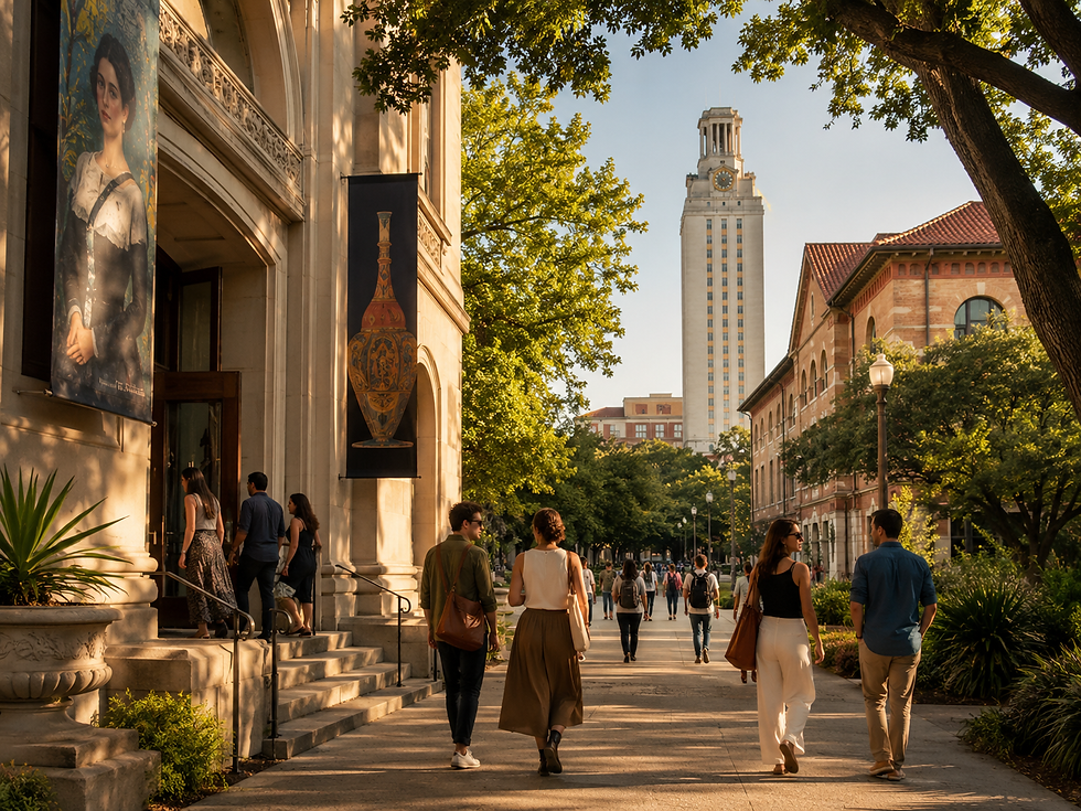 Students walk along a sunlit campus path past museum banners, with a clock tower and brick buildings under leafy trees.