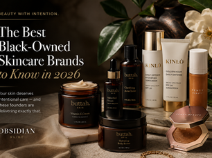 Editorial hero image featuring luxury skincare products from Black-owned beauty brands arranged on a marble surface with warm lighting, botanical accents, and elegant typography reading “The Best Black-Owned Skincare Brands to Know in 2026.