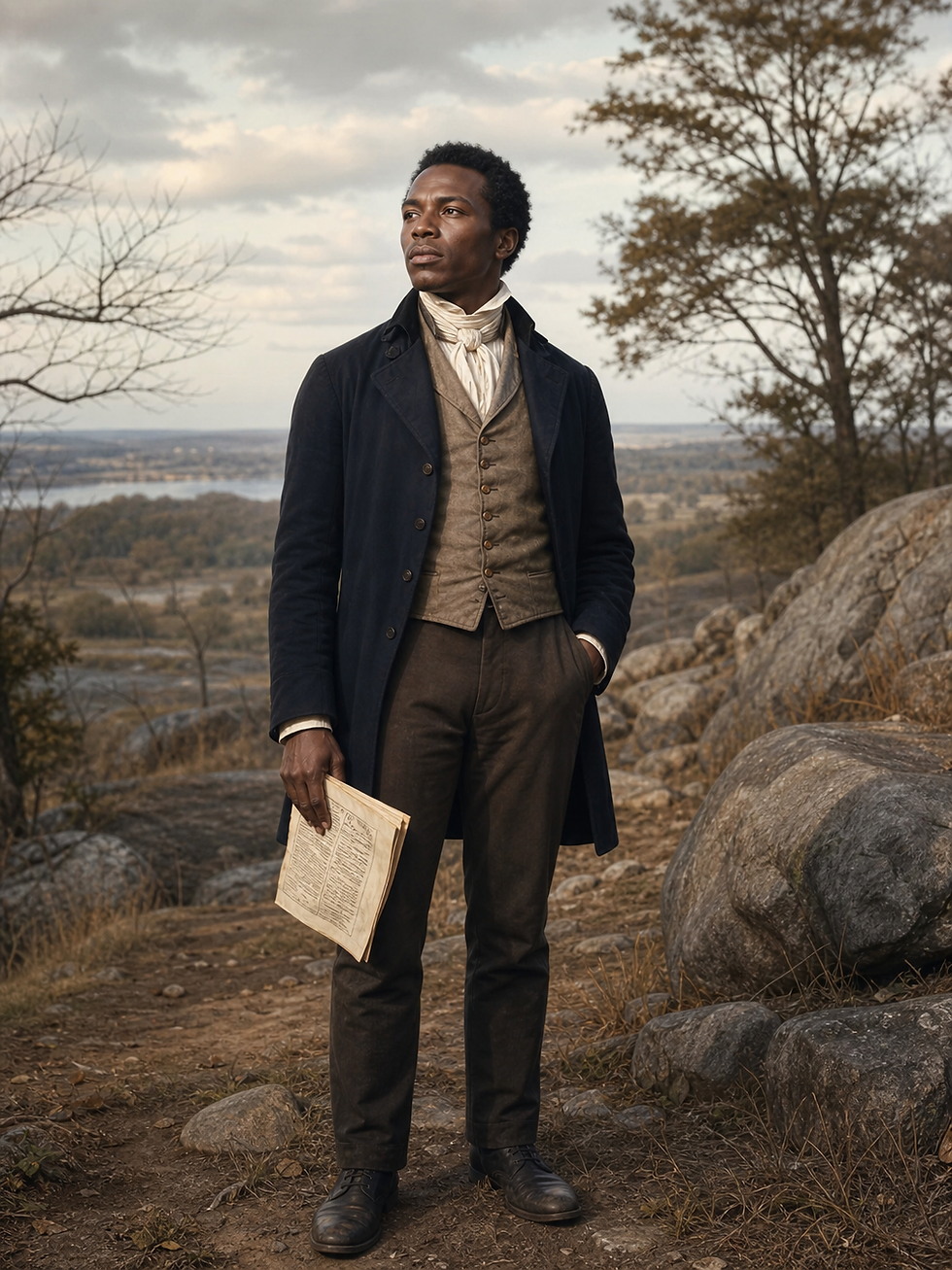 Man in vintage attire holds a paper, standing on rocky terrain with trees and distant landscape. Appears reflective under a cloudy sky.