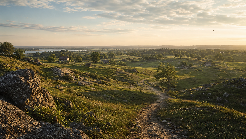 Sunlit landscape with a winding path through green fields, rocks, and small houses. A distant river sparkles under a partly cloudy sky.