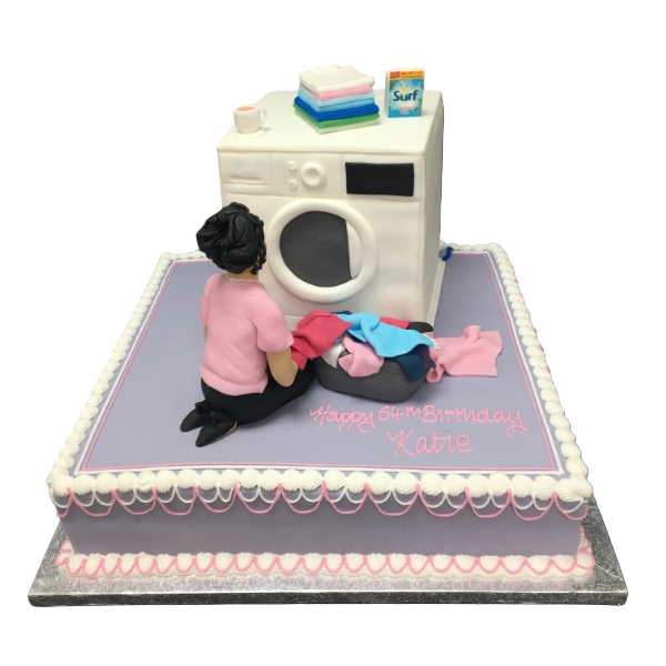 A creative cake shaped like a washing machine with realistic details, perfect for themed parties or events. Great for surprising appliance lovers!