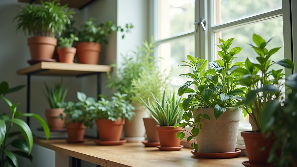 Eye-level view of a cozy indoor plant corner with various potted plants arranged on shelves