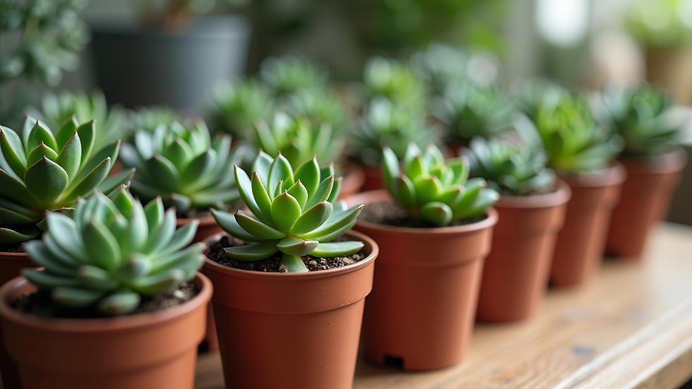 Close-up view of a variety of succulents in small pots arranged on a wooden table