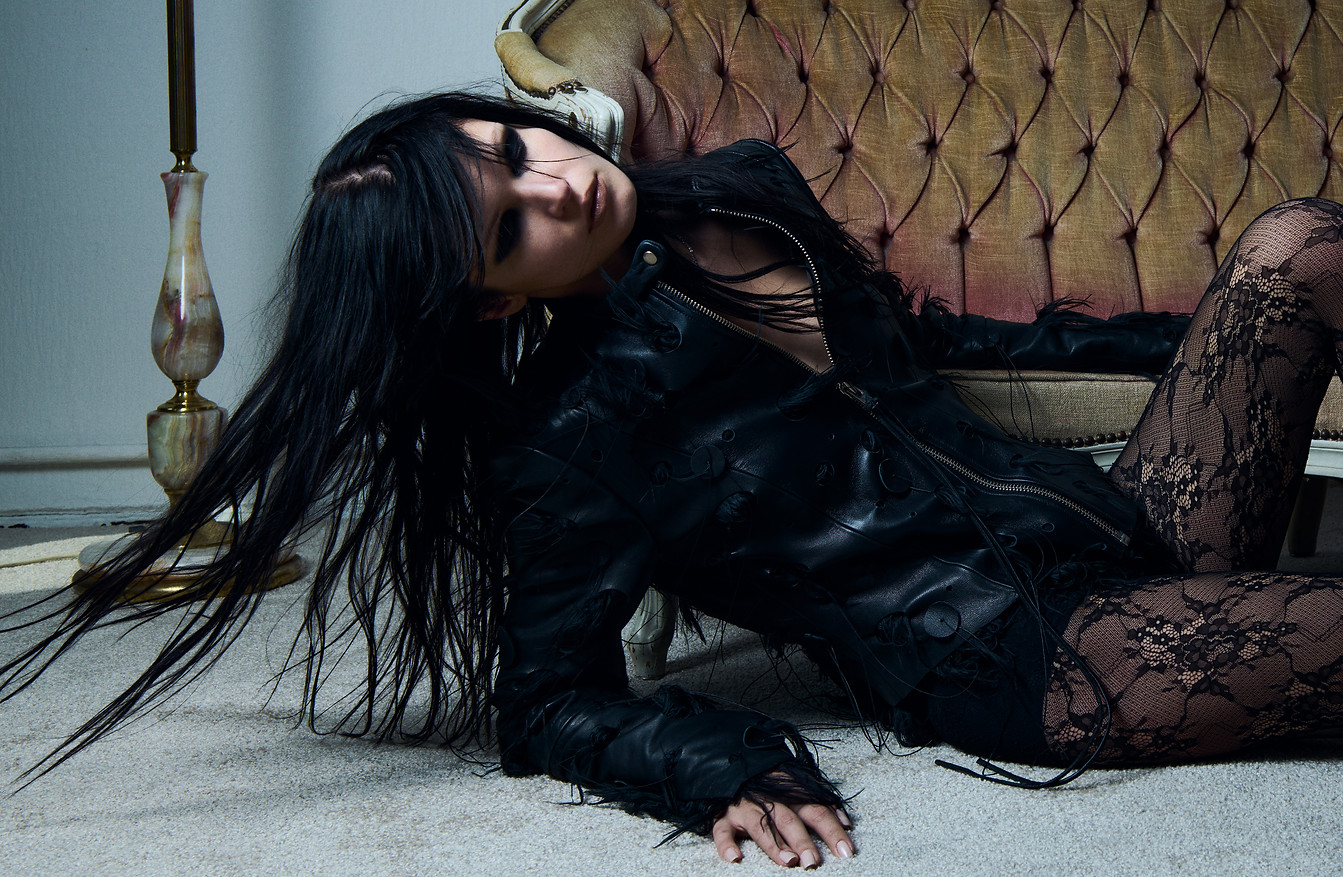 SF1OG Summer 2026 Campaign - Model in skinny leather jacket and lace tights