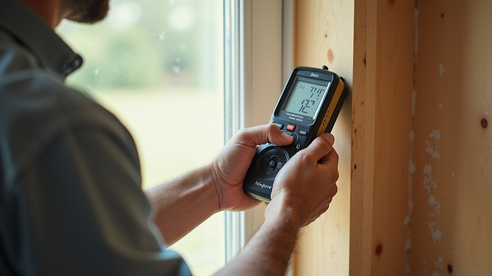 Close-up view of a home inspector using a moisture meter on a wall