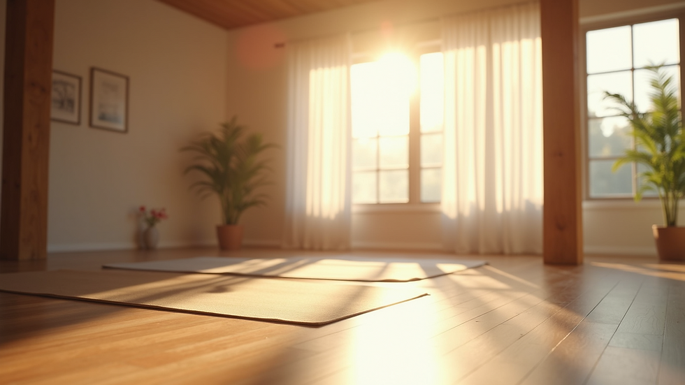 Eye-level view of a serene yoga studio with soft natural light