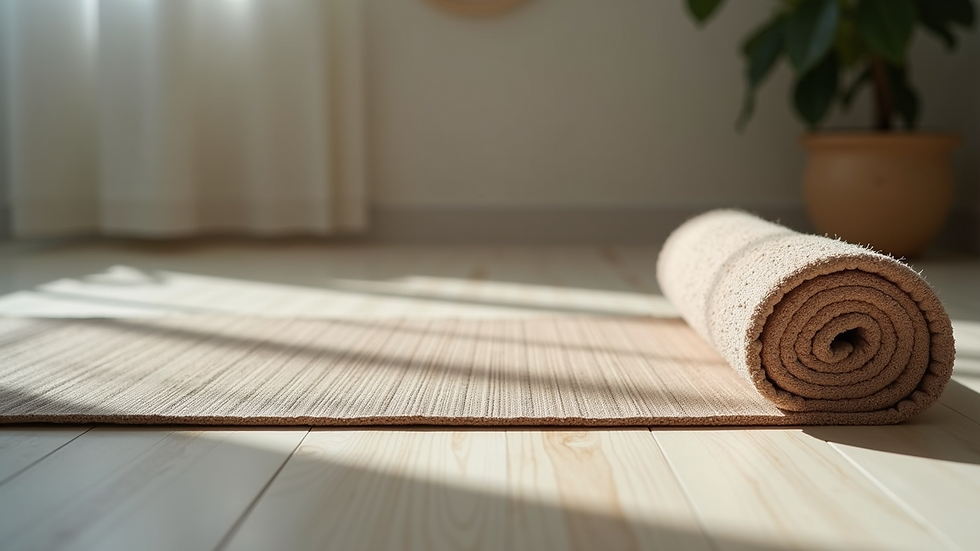 Close-up view of a yoga mat with a rolled towel and a meditation cushion