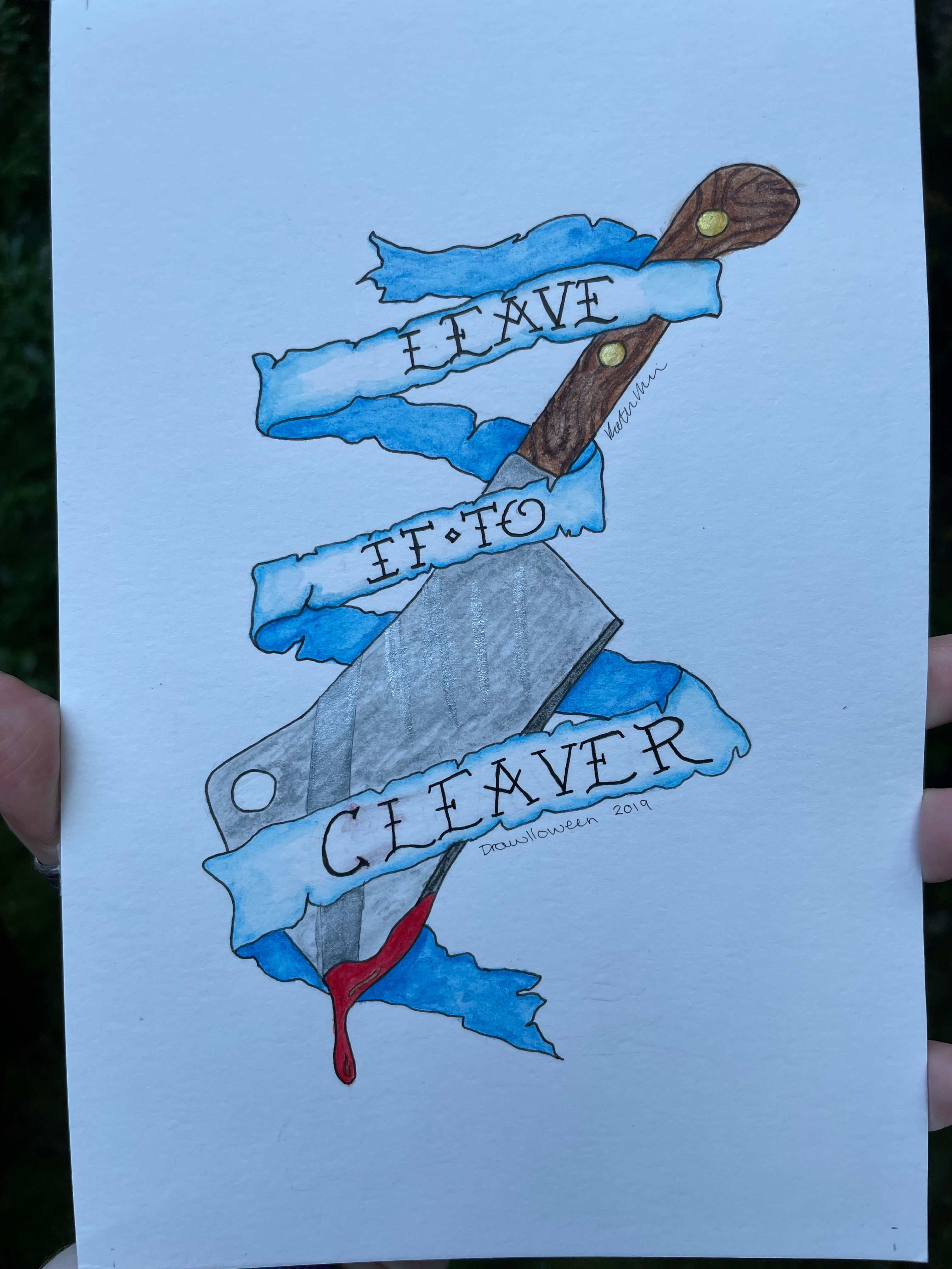 A painting of a bloody cleaver with the words "leave it to cleaver" on a tattered ribbon