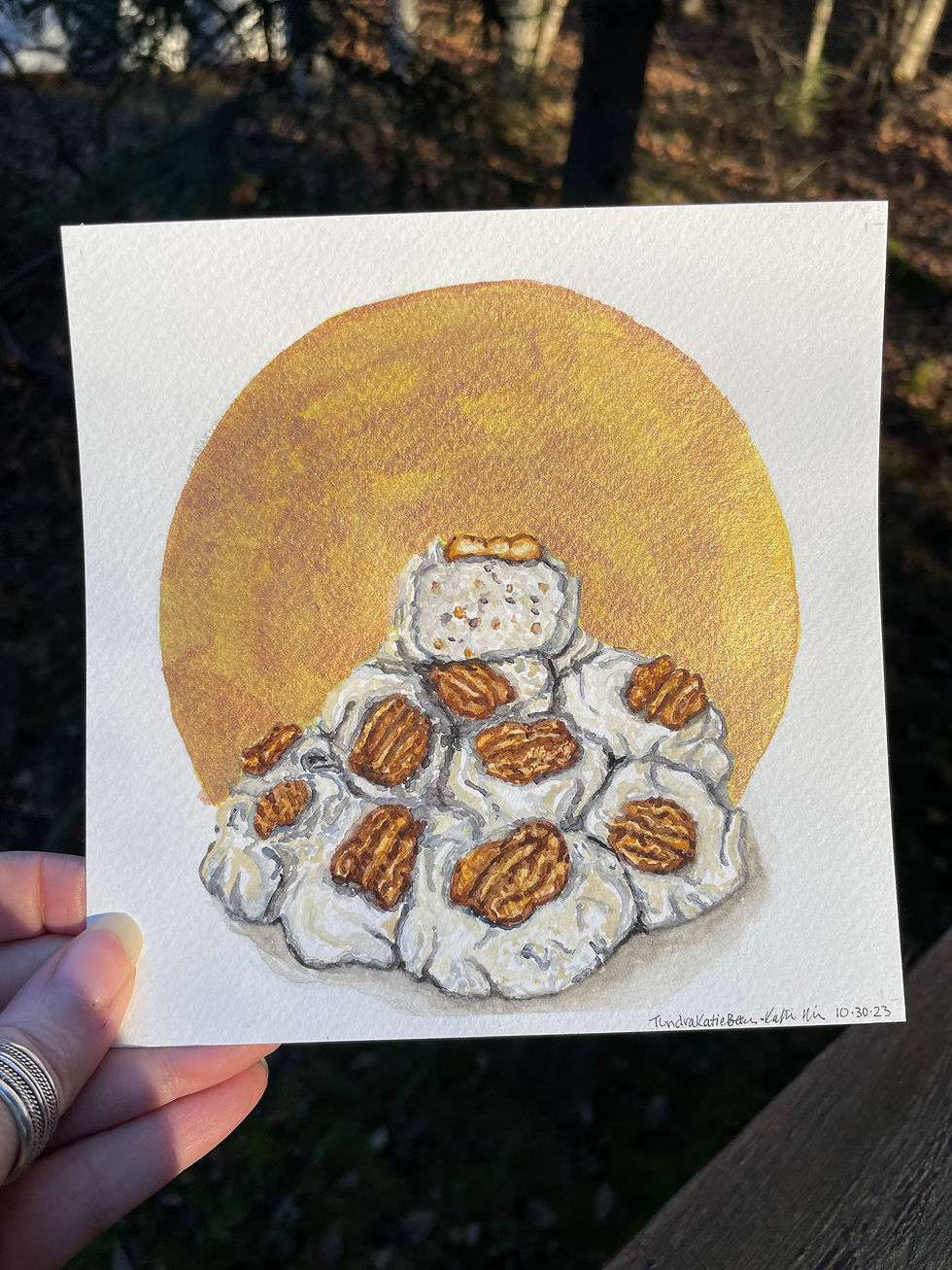 A painting of divinity candy with pecans pressed into each piece with a large, metallic gold halo behind them