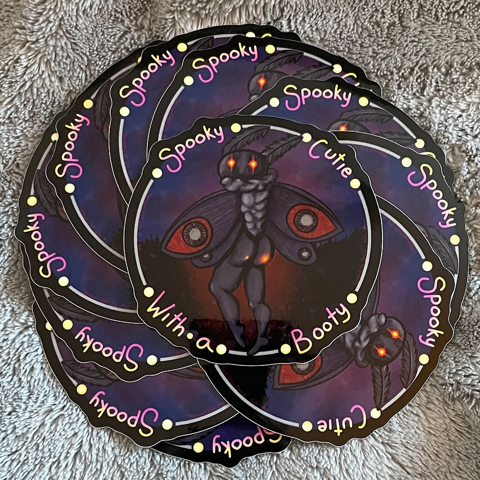 Thumbnail: A sticker of mothman with his butt facing the viewer and the words "spooky cutie with a booty"