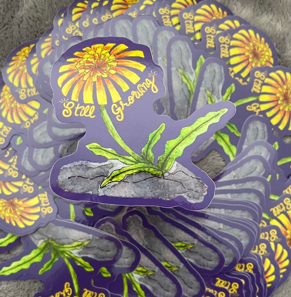 Thumbnail: A sticker of a dandelion growing out of concrete with the words "still growing" underneath the blossom