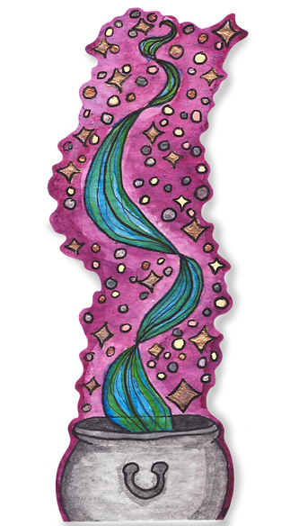 A watercolor cauldron sticker with blue and green steam rising out of it surrounded by sparkles