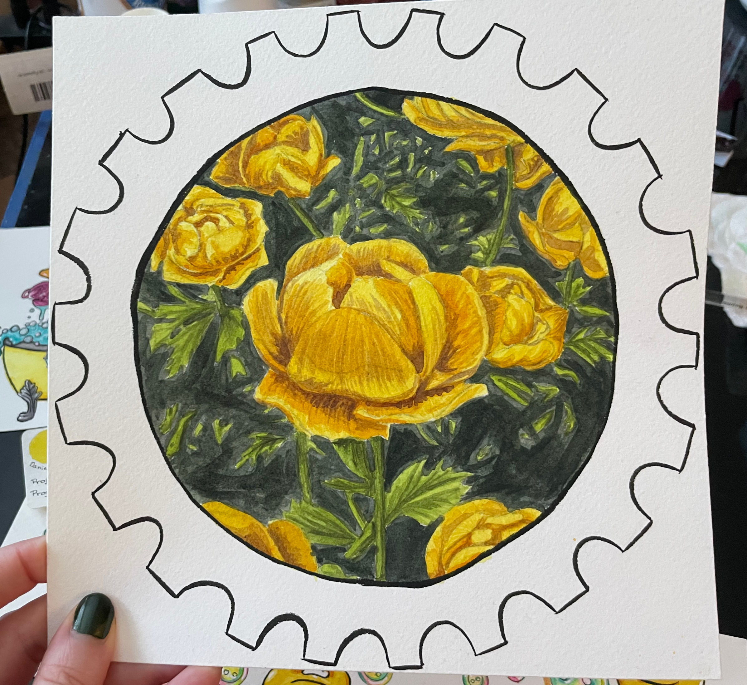 Globe Flower Stamp Original Art