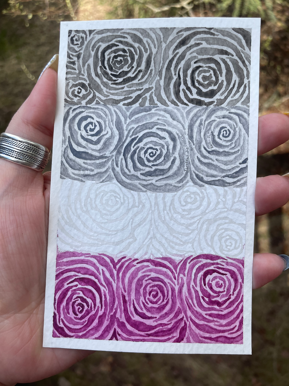 A painting of roses in the colors of the asexual pride flag