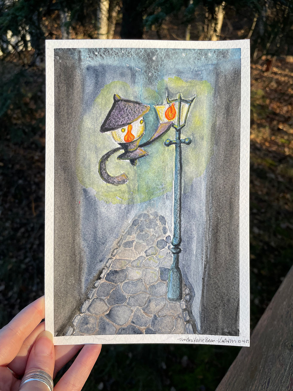 A painting of a lampent in an alleyway lighting and old style gas streetlamp