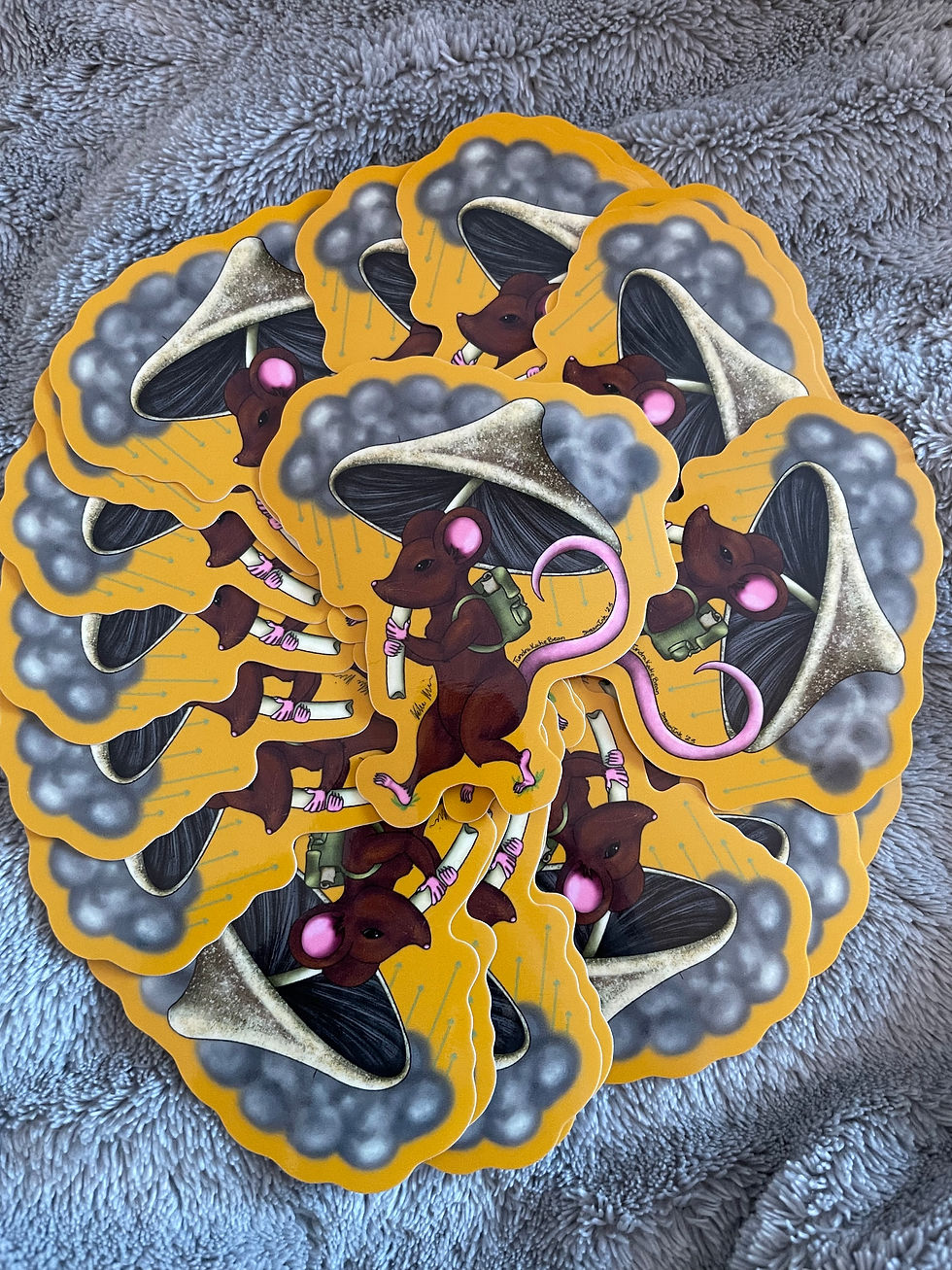 Thumbnail: A sticker of a rat with a backpack walking and using a mushroom as an umbrella under a rain cloud.