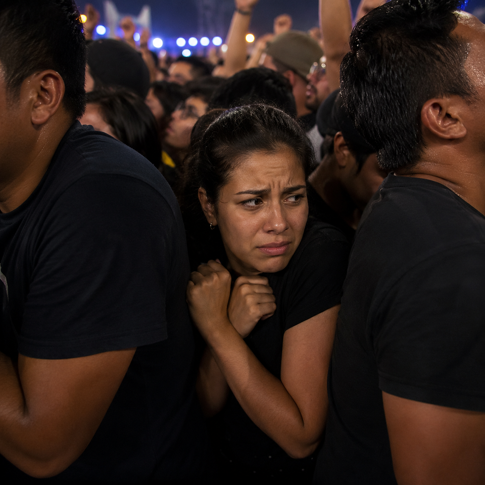 mujer siendo aplastada por la multitud