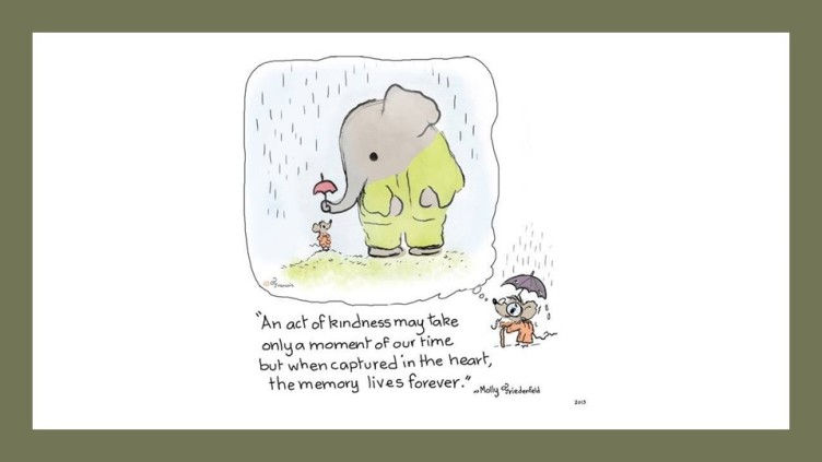 an elephant holding an umbrella for a tiny rat, showing kindness and compassion.