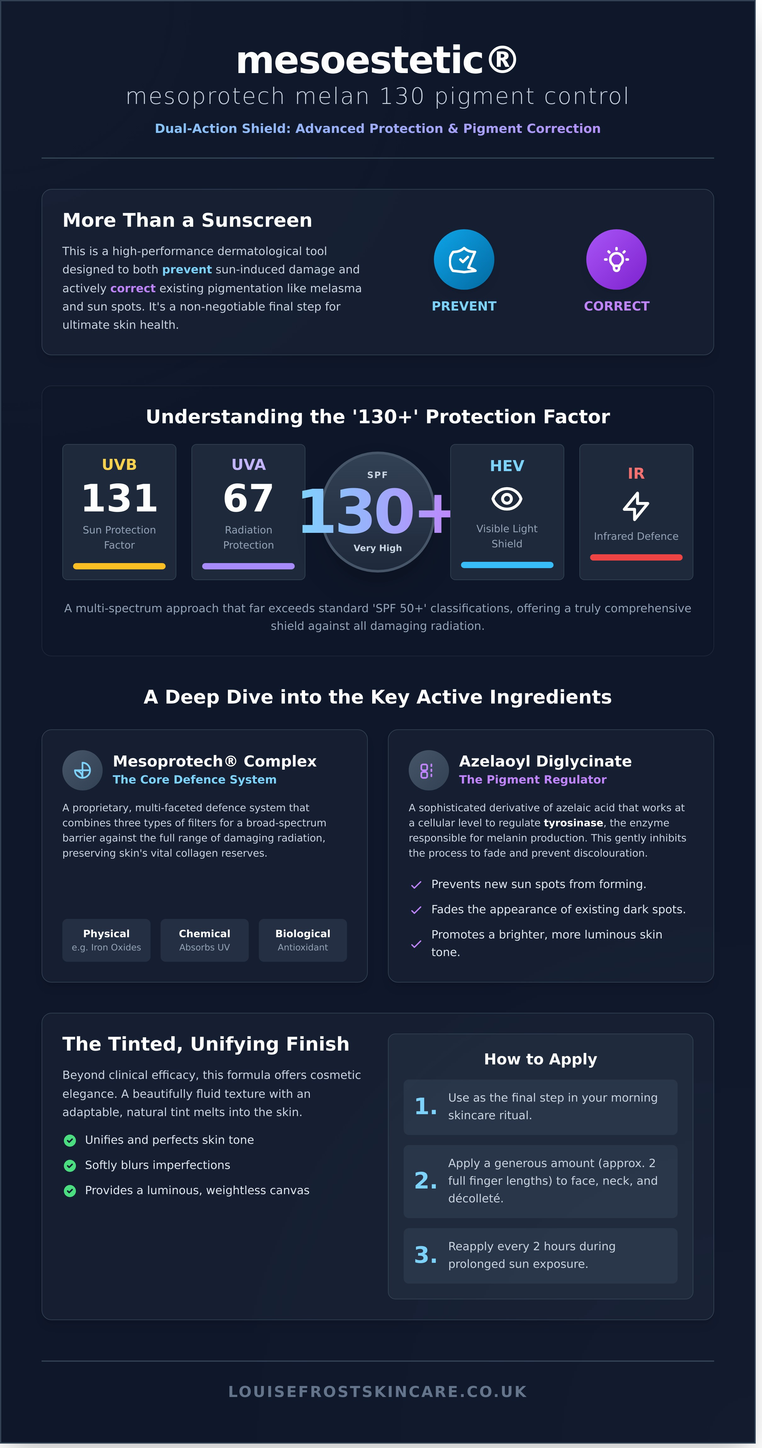 Mesoestetic mesoprotech melan 130 pigment control spf 50 infographic - visual guide
