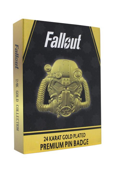 The front packaging of the 24k gold plated T-60 Power Armor helmet from Fallout 4 oversized pin badge