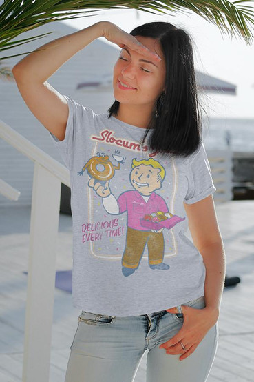 Vault Boy Slocum's Joe from Fallout graphic t-shirt on a female model