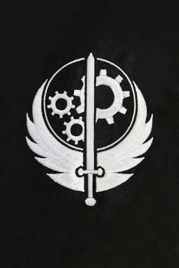 A black zip up hoodie with the Brotherhood of Steel from Fallout gear logo on the upper left corner on the front of the hoodie, and a large T-60 Power Armor on the back with text that says: Brotherhood of Steel Ad Victoriam