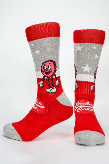 3-pack crew socks with a Nuka-Cola from Fallout theme: Nuka-Cola bottle, Bottle mascot from Nuka-World, and Cappy mascot from Nuka-World. Each pair is done in the same color scheme of red, grey, and white with a Nuka-Cola bottle cap design on the front of the sock