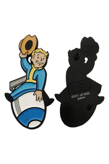 Soft enamel pin design of Vault Boy from Fallout waving a cowboy hat in his right hand, while riding a nuke bomb. The enamel pin comes in a matching display box with a yellow and blue colorway