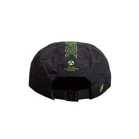 Black, multi-panel hat with a Vault Boy from Fallout face printed in bright green on the front, and Vault-Tec text logo printed in bright green on the side