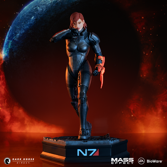 Polyresin statue of Jane Shepard a.k.a. Commander Shepard or FemShep from Mass Effect, 1/6 scale and standing tall at 12" from head to toe, using her right fist to wipe her cheek, while wielding an Omni-Blade in her left hand
