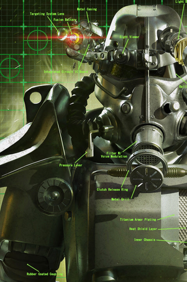 Lithograph for a T-45 Power Armor schematics from Fallout done in a green colorway, 18"W x 24"L