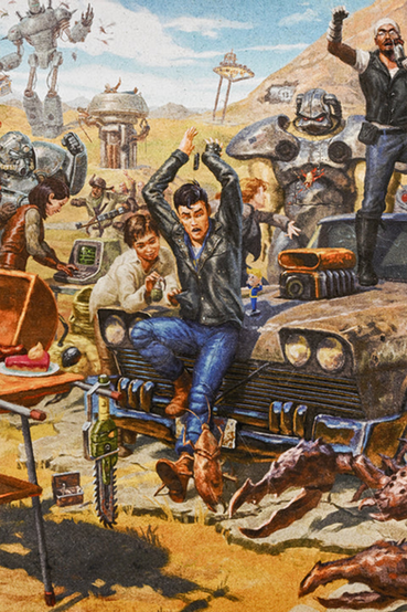 24" x 18" stretched canvas art featuring various characters spanning the entire Fallout series, with a focus on the Male Sole Survivor manning the barbeque grill with Piper Wright standing behind him, while Rex and Dogmeat are patiently sitting