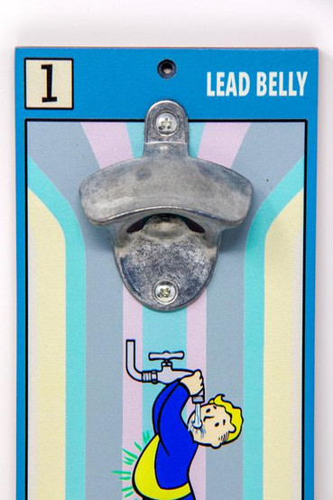 wall mounted bottle opener featuring the 'Lead Belly' perk with Vault Boy from Fallout drinking straight from a faucet with his tummy bulging because he's drank a lot of water